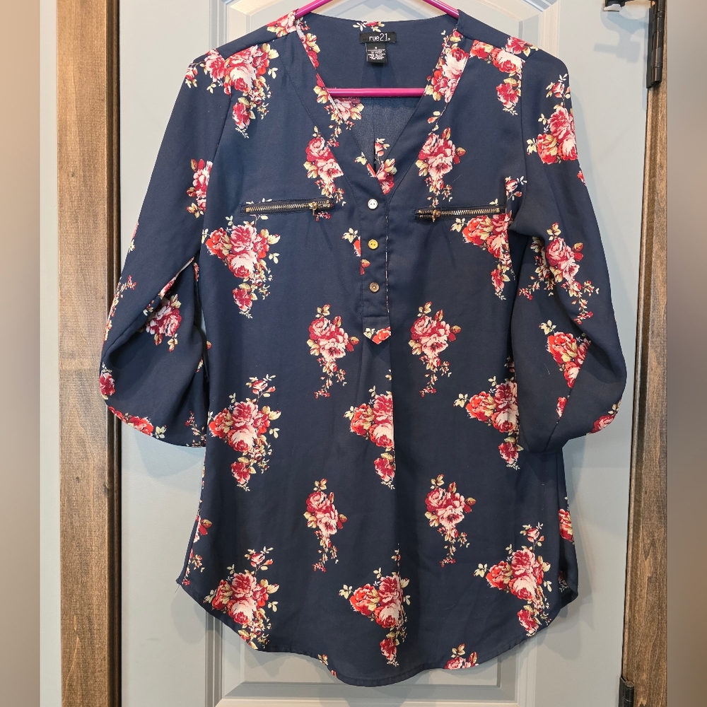 Rue21 Navy Floral Blouse with Red Accents